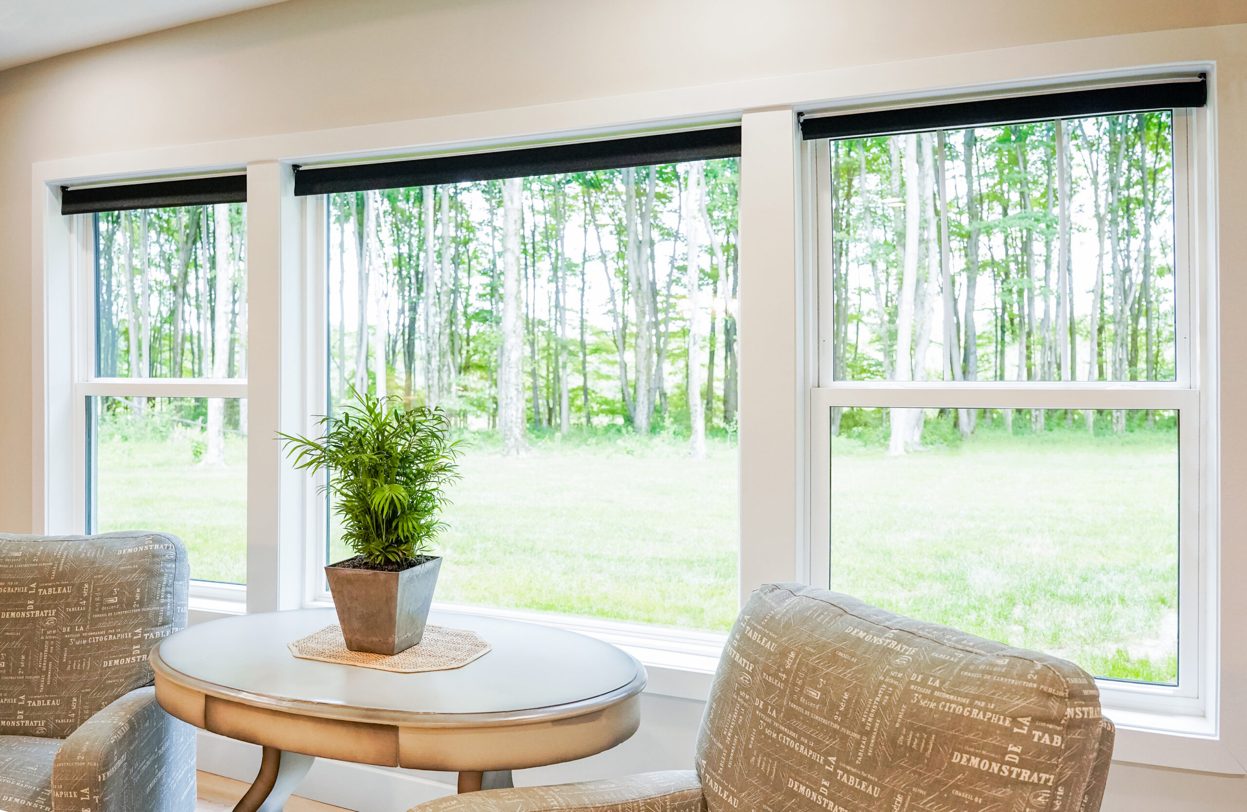 Beautiful white double-hung pictures hug a picture window in a living room.