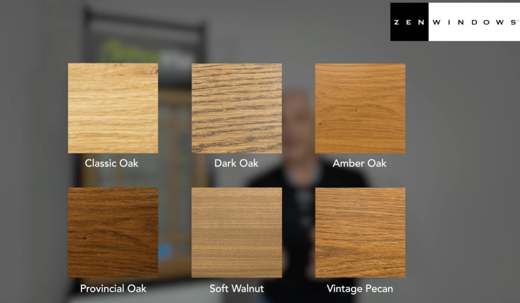 Wood grain finishes for vinyl replacement windows.