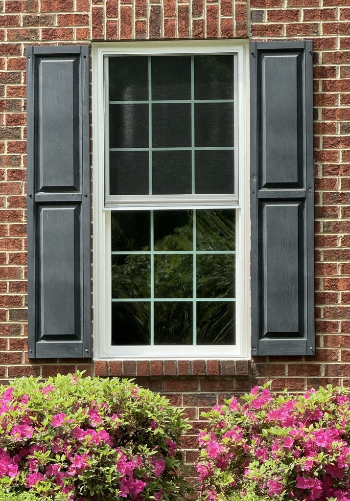 Double-hung window with black shutters.