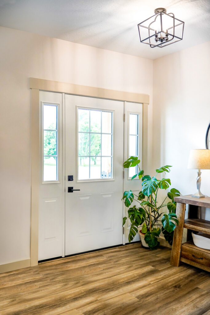 White interior entry door with potted plants.