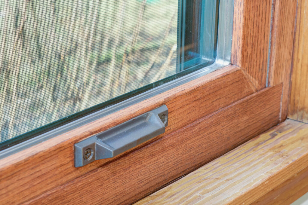 Close-up of hardware on window.