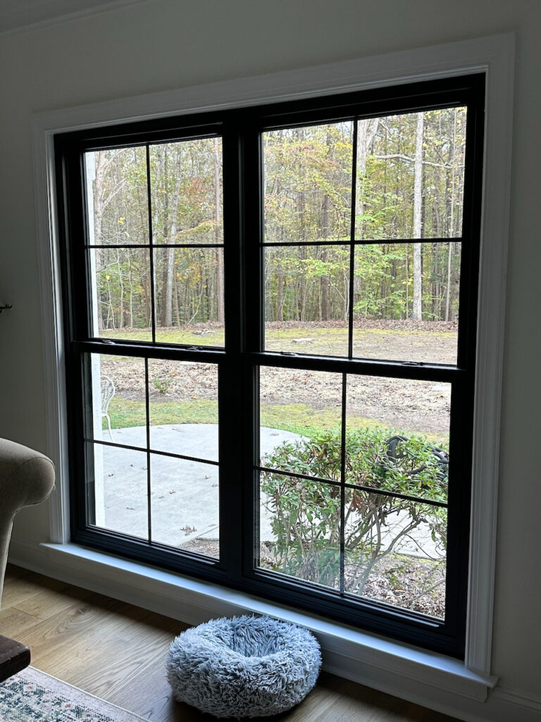 Black double-hung windows with a woods view.