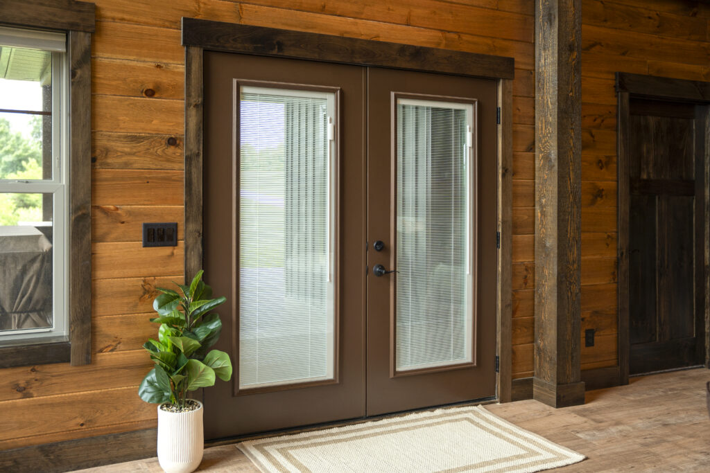 Tudor Brown French door with blinds.
