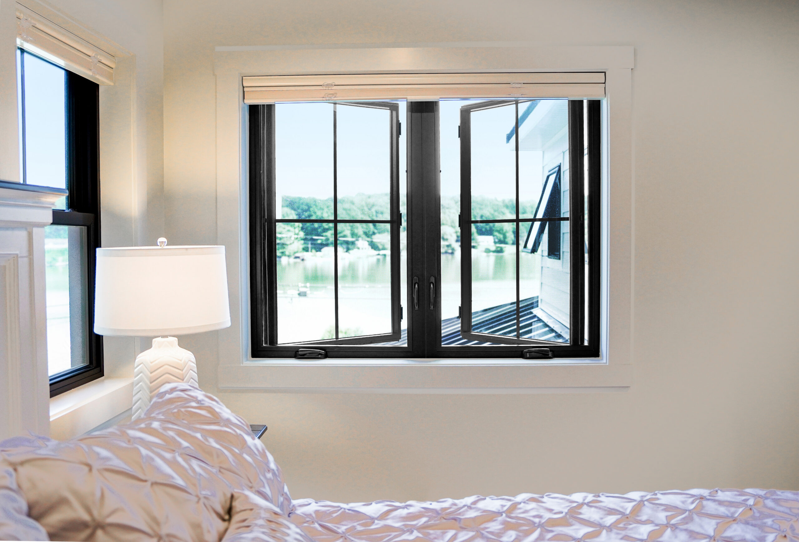 Open 2-lite black casement window.