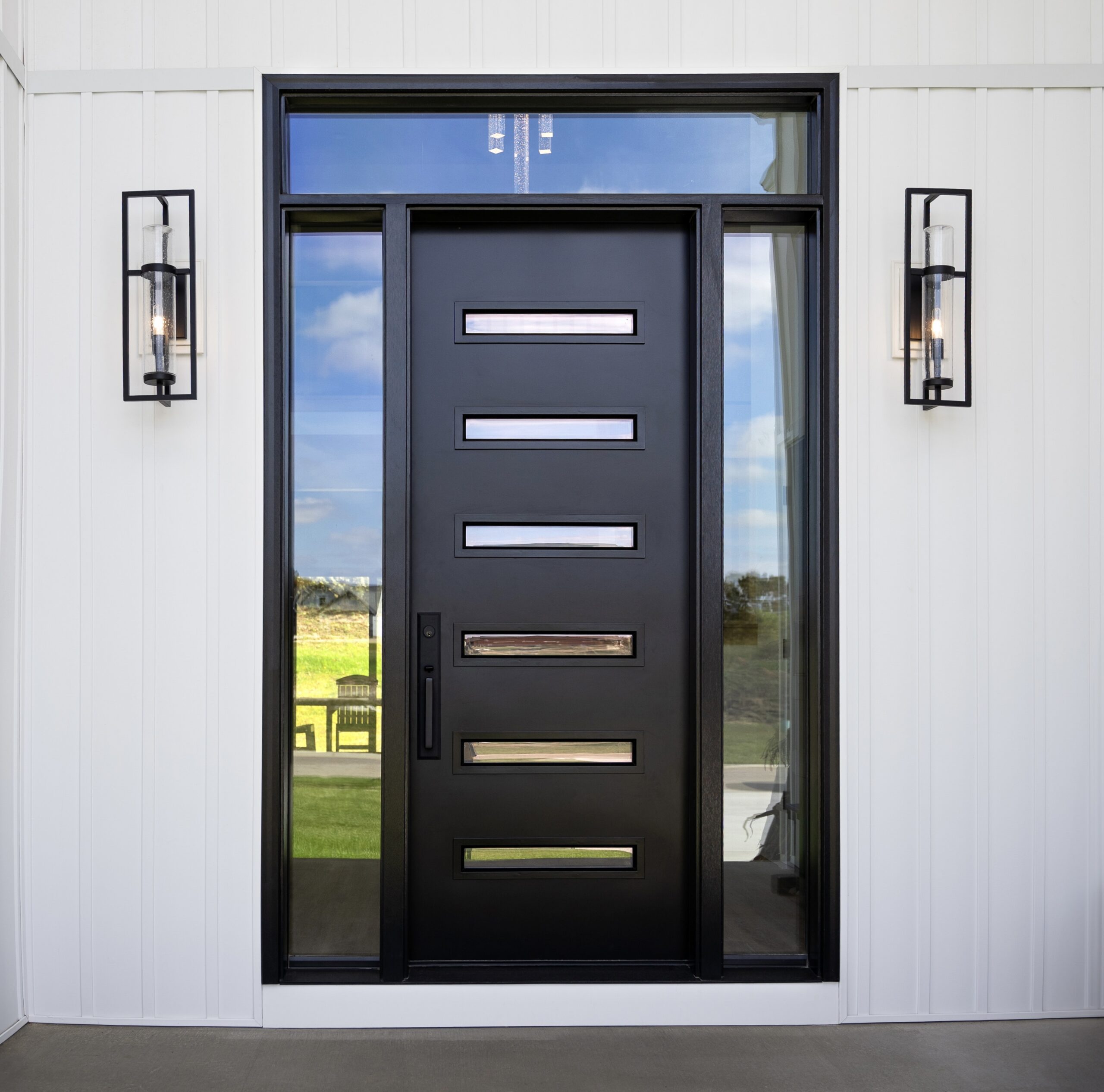 Black specialty entry door.